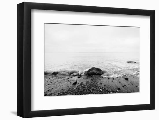 Nostalgic Sea. Waves Hitting in Rock in the Center. Black and White, far Horizon.-Michal Bednarek-Framed Photographic Print