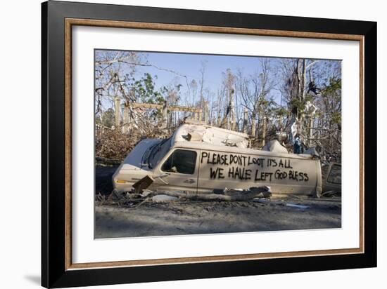 Note Written by Hurricane Katrina Victims on Vehicle Damged by Hurricane-John Cancalosi-Framed Photographic Print