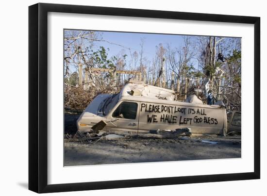 Note Written by Hurricane Katrina Victims on Vehicle Damged by Hurricane-John Cancalosi-Framed Photographic Print