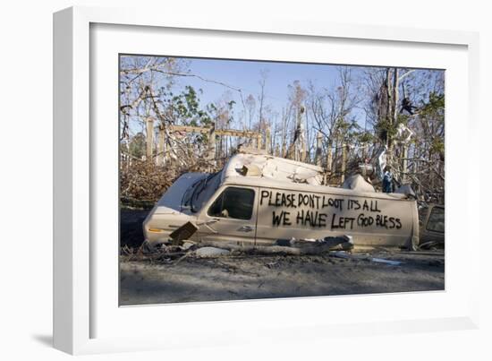 Note Written by Hurricane Katrina Victims on Vehicle Damged by Hurricane-John Cancalosi-Framed Photographic Print