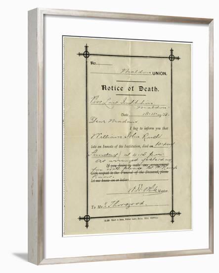 Notice of Death from Union Workhouse, Maldon, Essex-Peter Higginbotham-Framed Photographic Print