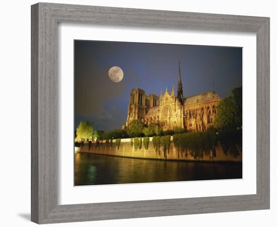 Notre Dame Cathedral at Night, with Moon Rising Above, Paris, France, Europe-Howell Michael-Framed Photographic Print