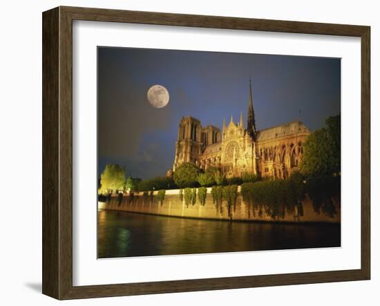 Notre Dame Cathedral at Night, with Moon Rising Above, Paris, France, Europe-Howell Michael-Framed Photographic Print