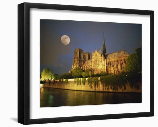 Notre Dame Cathedral at Night, with Moon Rising Above, Paris, France, Europe-Howell Michael-Framed Photographic Print