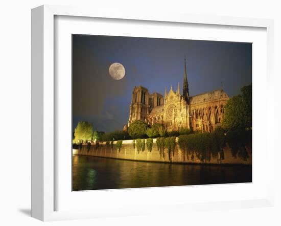 Notre Dame Cathedral at Night, with Moon Rising Above, Paris, France, Europe-Howell Michael-Framed Photographic Print