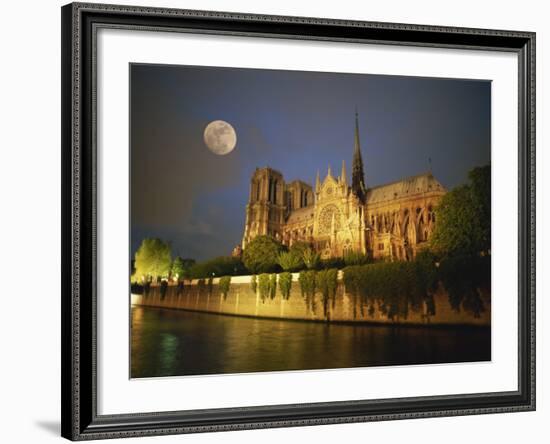 Notre Dame Cathedral at Night, with Moon Rising Above, Paris, France, Europe-Howell Michael-Framed Photographic Print