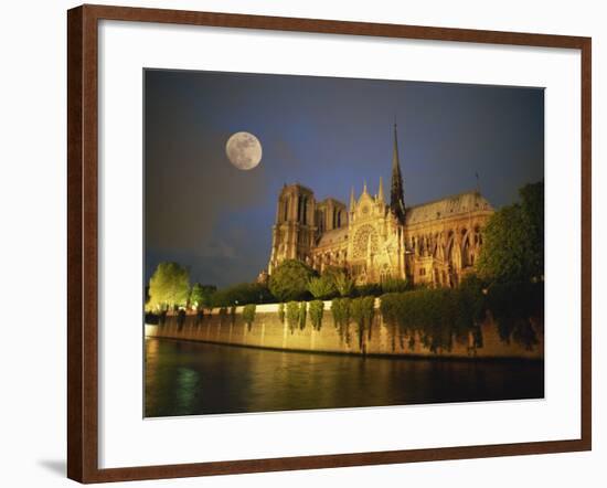 Notre Dame Cathedral at Night, with Moon Rising Above, Paris, France, Europe-Howell Michael-Framed Photographic Print