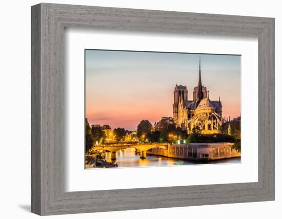 Notre Dame De Paris by Night and the Seine River France in the City of Paris in France-OSTILL-Framed Photographic Print