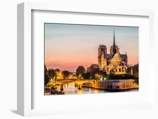 Notre Dame De Paris by Night and the Seine River France in the City of Paris in France-OSTILL-Framed Photographic Print