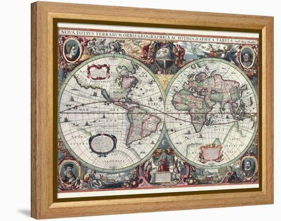 Nova Totius Terrarum Orbis Tabula-Hendrik Hondius-Framed Stretched Canvas