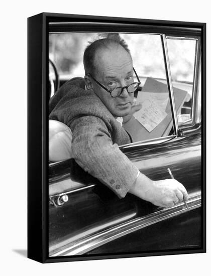 Novelist Vladimir Nabokov Looking Out of Car Window, Likes to Work in the Car-Carl Mydans-Framed Premier Image Canvas