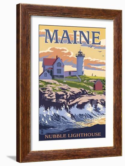 Nubble Lighthouse - York, Maine-Lantern Press-Framed Premium Giclee Print