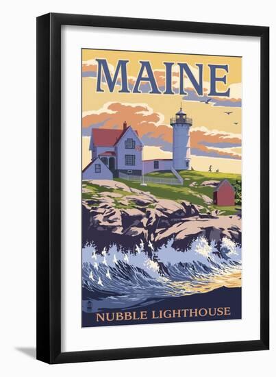 Nubble Lighthouse - York, Maine-Lantern Press-Framed Premium Giclee Print