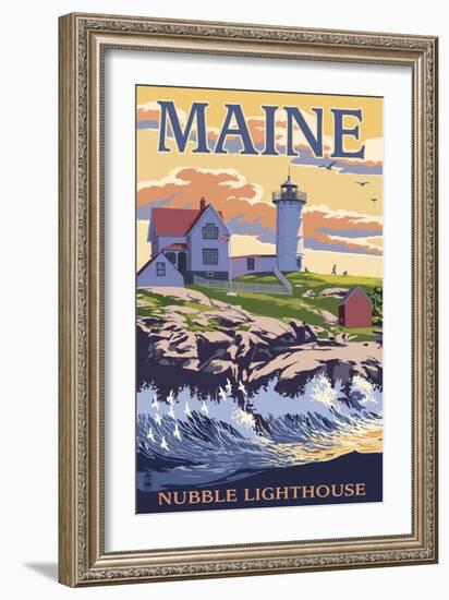 Nubble Lighthouse - York, Maine-Lantern Press-Framed Art Print