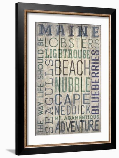 Nubble - Maine - Barnwood Typography-Lantern Press-Framed Art Print