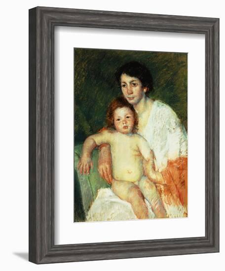Nude Baby on Mother's Lap Resting Her Right Arm on the Back of the Chair-Mary Cassatt-Framed Giclee Print