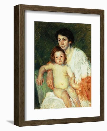 Nude Baby on Mother's Lap Resting Her Right Arm on the Back of the Chair-Mary Cassatt-Framed Giclee Print