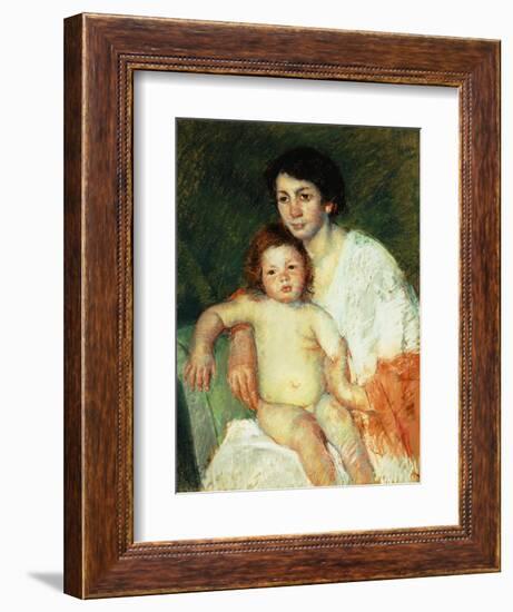 Nude Baby on Mother's Lap Resting Her Right Arm on the Back of the Chair-Mary Cassatt-Framed Giclee Print