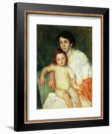 Nude Baby on Mother's Lap Resting Her Right Arm on the Back of the Chair-Mary Cassatt-Framed Giclee Print