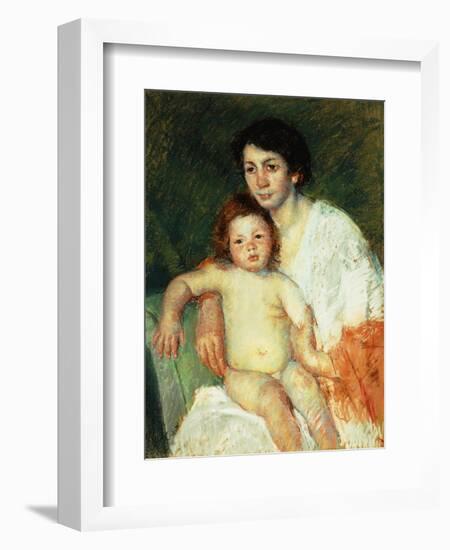 Nude Baby on Mother's Lap Resting Her Right Arm on the Back of the Chair-Mary Cassatt-Framed Giclee Print