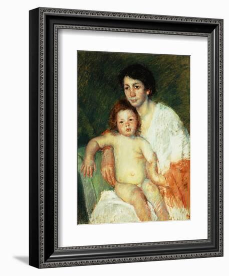 Nude Baby on Mother's Lap Resting Her Right Arm on the Back of the Chair-Mary Cassatt-Framed Giclee Print