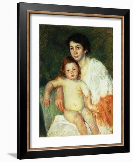 Nude Baby on Mother's Lap Resting Her Right Arm on the Back of the Chair-Mary Cassatt-Framed Giclee Print