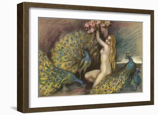 Nude Blonde with Peacocks-null-Framed Art Print