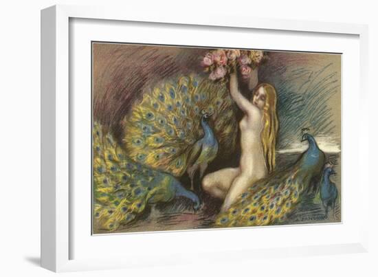 Nude Blonde with Peacocks-null-Framed Art Print