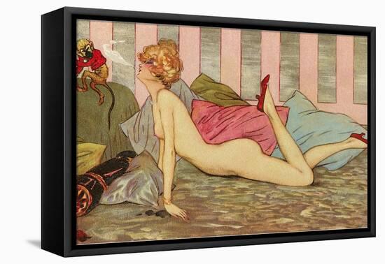 Nude Blowing Smoke at Monkey-null-Framed Stretched Canvas