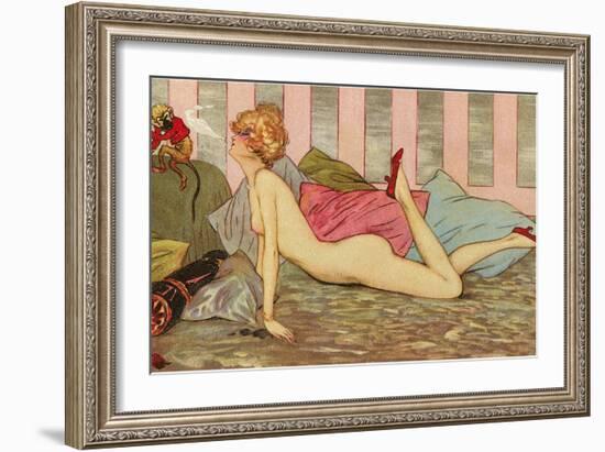 Nude Blowing Smoke at Monkey-null-Framed Art Print