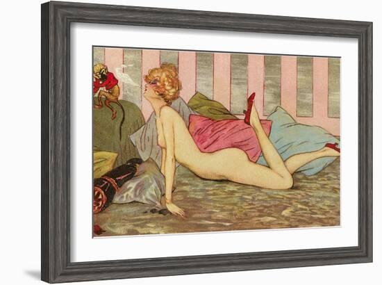 Nude Blowing Smoke at Monkey-null-Framed Art Print