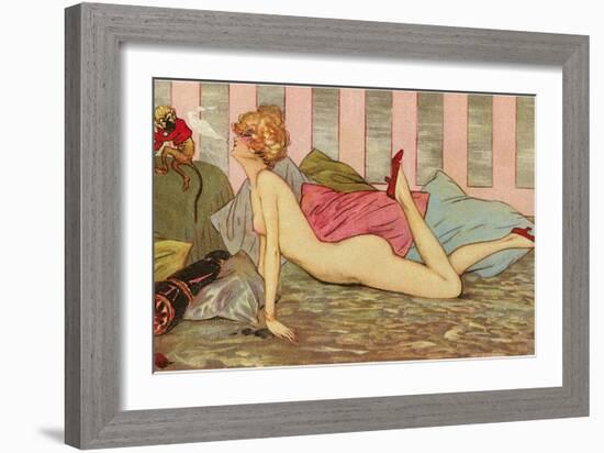 Nude Blowing Smoke at Monkey-null-Framed Art Print