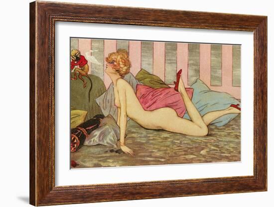 Nude Blowing Smoke at Monkey-null-Framed Art Print