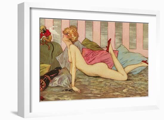 Nude Blowing Smoke at Monkey-null-Framed Art Print