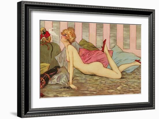 Nude Blowing Smoke at Monkey-null-Framed Art Print