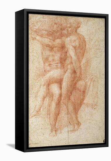 Nude Female Seated on the Knees of a Seated Male Nude: Adam and Eve-Michelangelo Buonarroti-Framed Premier Image Canvas