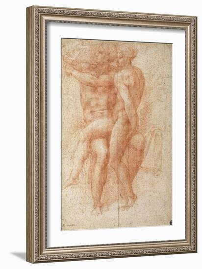 Nude Female Seated on the Knees of a Seated Male Nude: Adam and Eve-Michelangelo Buonarroti-Framed Giclee Print