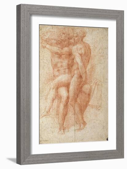 Nude Female Seated on the Knees of a Seated Male Nude: Adam and Eve-Michelangelo Buonarroti-Framed Giclee Print