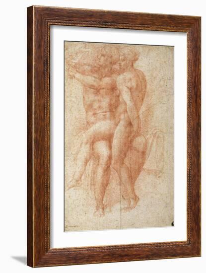 Nude Female Seated on the Knees of a Seated Male Nude: Adam and Eve-Michelangelo Buonarroti-Framed Giclee Print