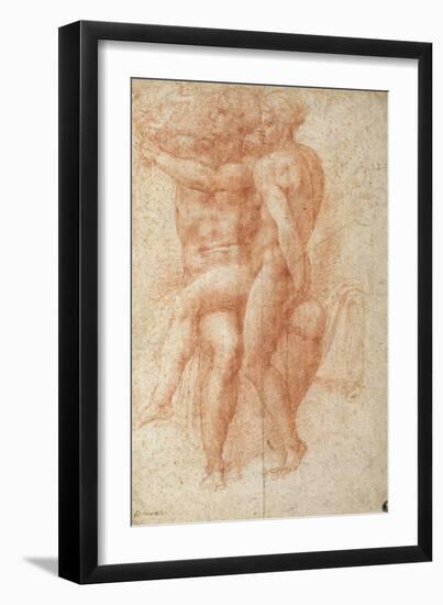 Nude Female Seated on the Knees of a Seated Male Nude: Adam and Eve-Michelangelo Buonarroti-Framed Giclee Print