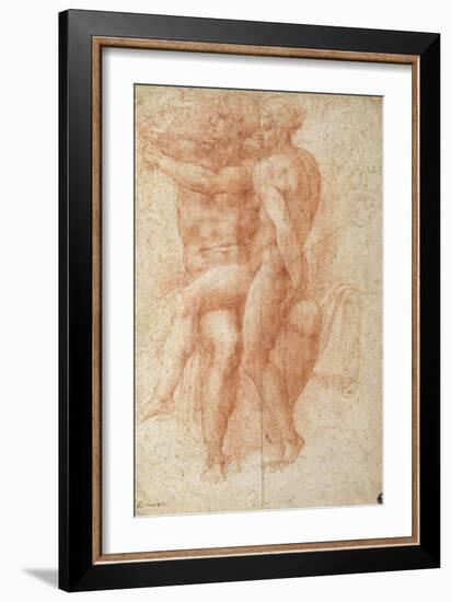 Nude Female Seated on the Knees of a Seated Male Nude: Adam and Eve-Michelangelo Buonarroti-Framed Giclee Print