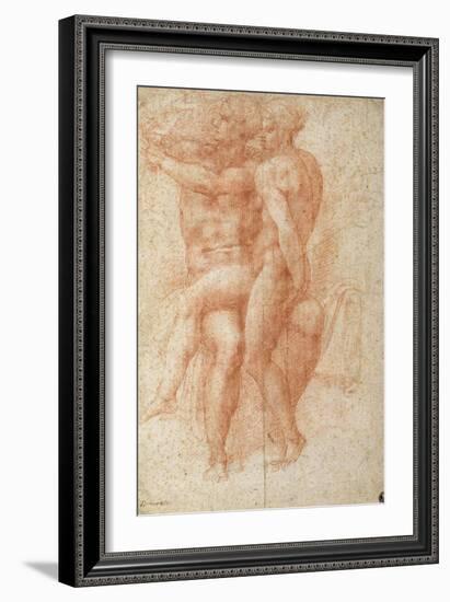 Nude Female Seated on the Knees of a Seated Male Nude: Adam and Eve-Michelangelo Buonarroti-Framed Giclee Print