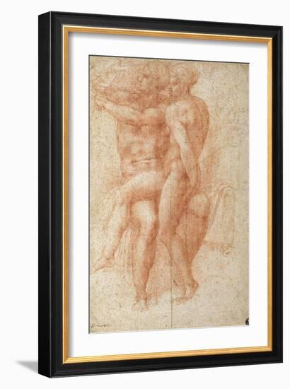 Nude Female Seated on the Knees of a Seated Male Nude: Adam and Eve-Michelangelo Buonarroti-Framed Giclee Print