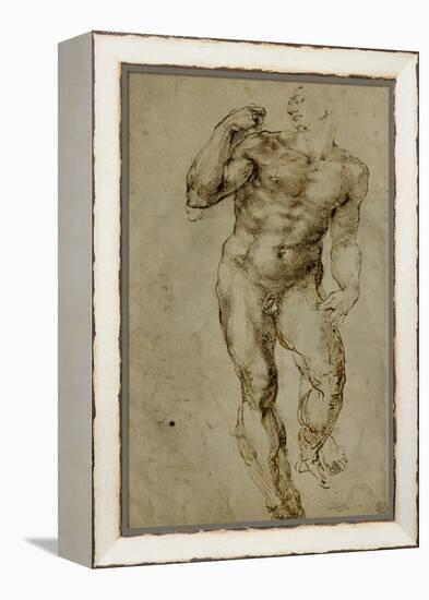 Nude Male Figure Seen Frontally, circa 1502-1506-Michelangelo Buonarroti-Framed Premier Image Canvas