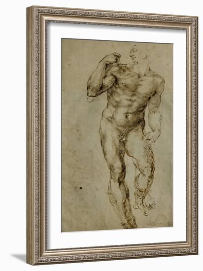 Nude Male Figure Seen Frontally, circa 1502-1506-Michelangelo Buonarroti-Framed Giclee Print