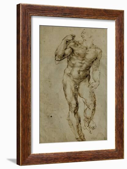 Nude Male Figure Seen Frontally, circa 1502-1506-Michelangelo Buonarroti-Framed Giclee Print