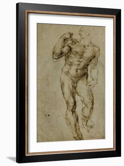 Nude Male Figure Seen Frontally, circa 1502-1506-Michelangelo Buonarroti-Framed Giclee Print