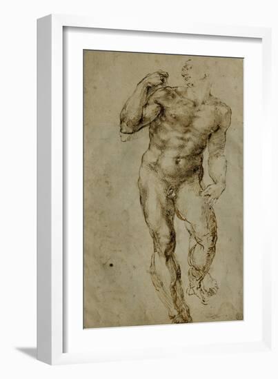 Nude Male Figure Seen Frontally, circa 1502-1506-Michelangelo Buonarroti-Framed Giclee Print