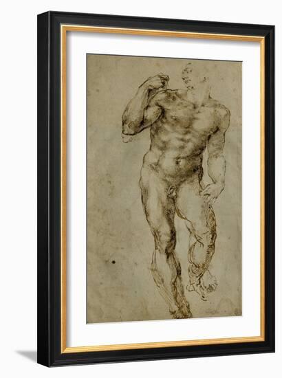 Nude Male Figure Seen Frontally, circa 1502-1506-Michelangelo Buonarroti-Framed Giclee Print