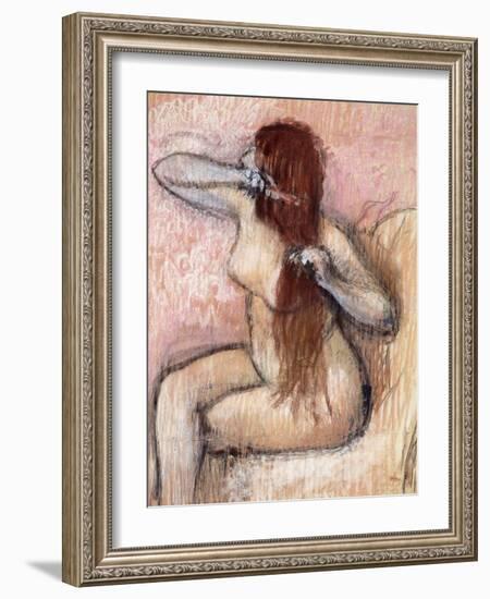 Nude Seated Woman Arranging her Hair-Edgar Degas-Framed Giclee Print